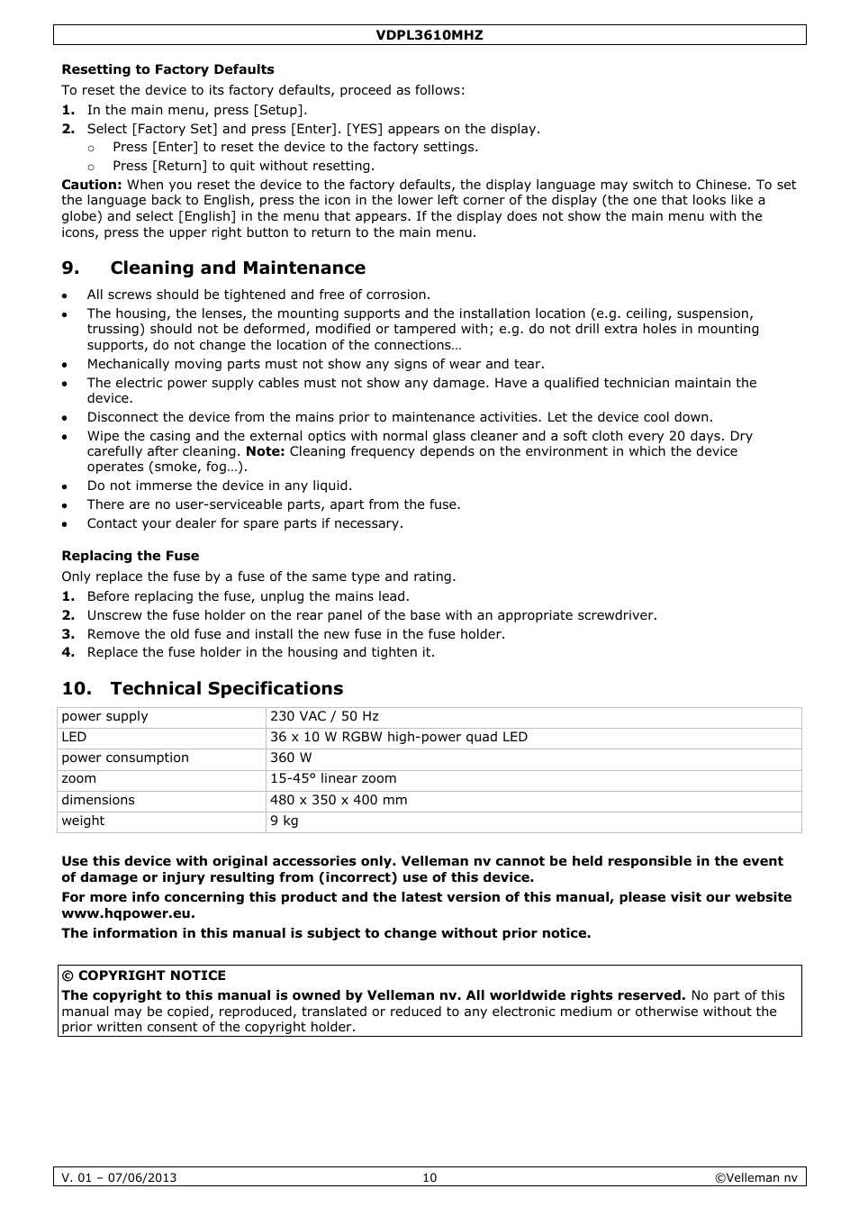 Resetting to factory defaults, Cleaning and maintenance, Replacing the fuse | Technical specifications | Velleman VDPL3610MHZ User Manual | Page 10 / 46
