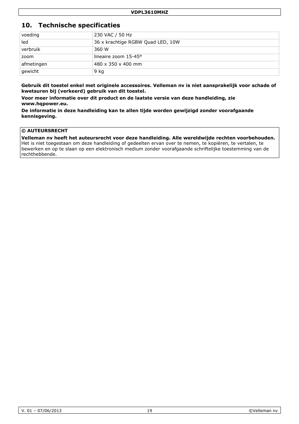 Technische specificaties | Velleman VDPL3610MHZ User Manual | Page 19 / 46
