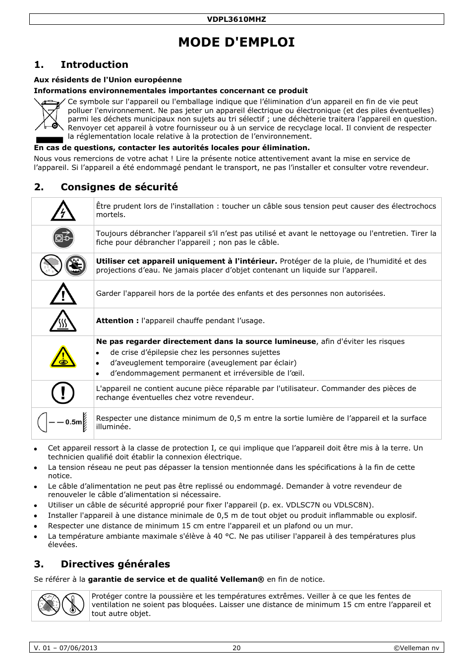 Mode d'emploi, Introduction, Consignes de sécurité | Directives générales | Velleman VDPL3610MHZ User Manual | Page 20 / 46