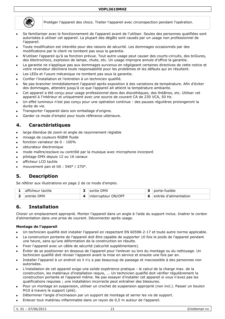 Caractéristiques, Description, Installation | Montage de l’appareil | Velleman VDPL3610MHZ User Manual | Page 21 / 46