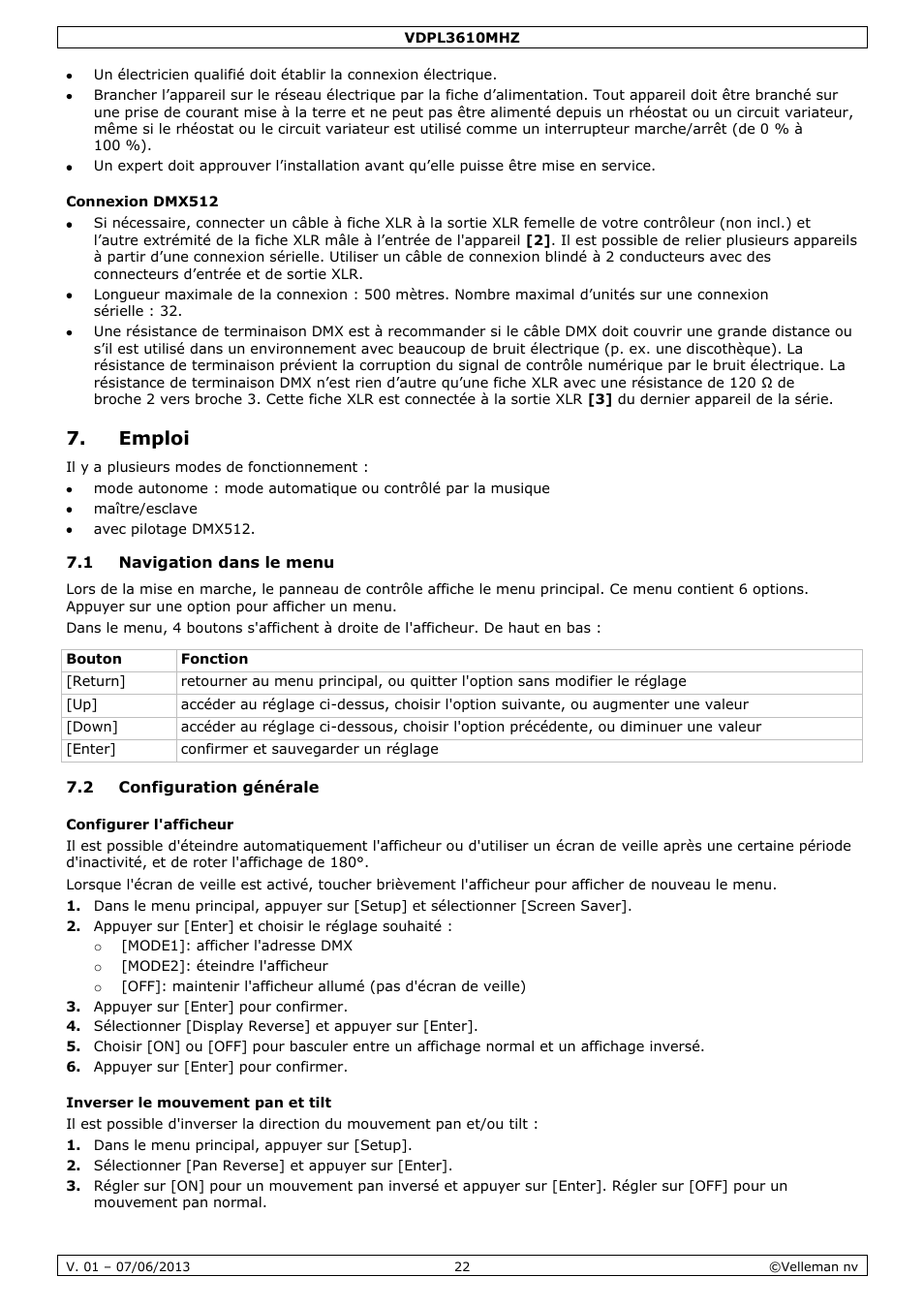 Connexion dmx512, Emploi, 1 navigation dans le menu | 2 configuration générale, Configurer l'afficheur, Inverser le mouvement pan et tilt | Velleman VDPL3610MHZ User Manual | Page 22 / 46