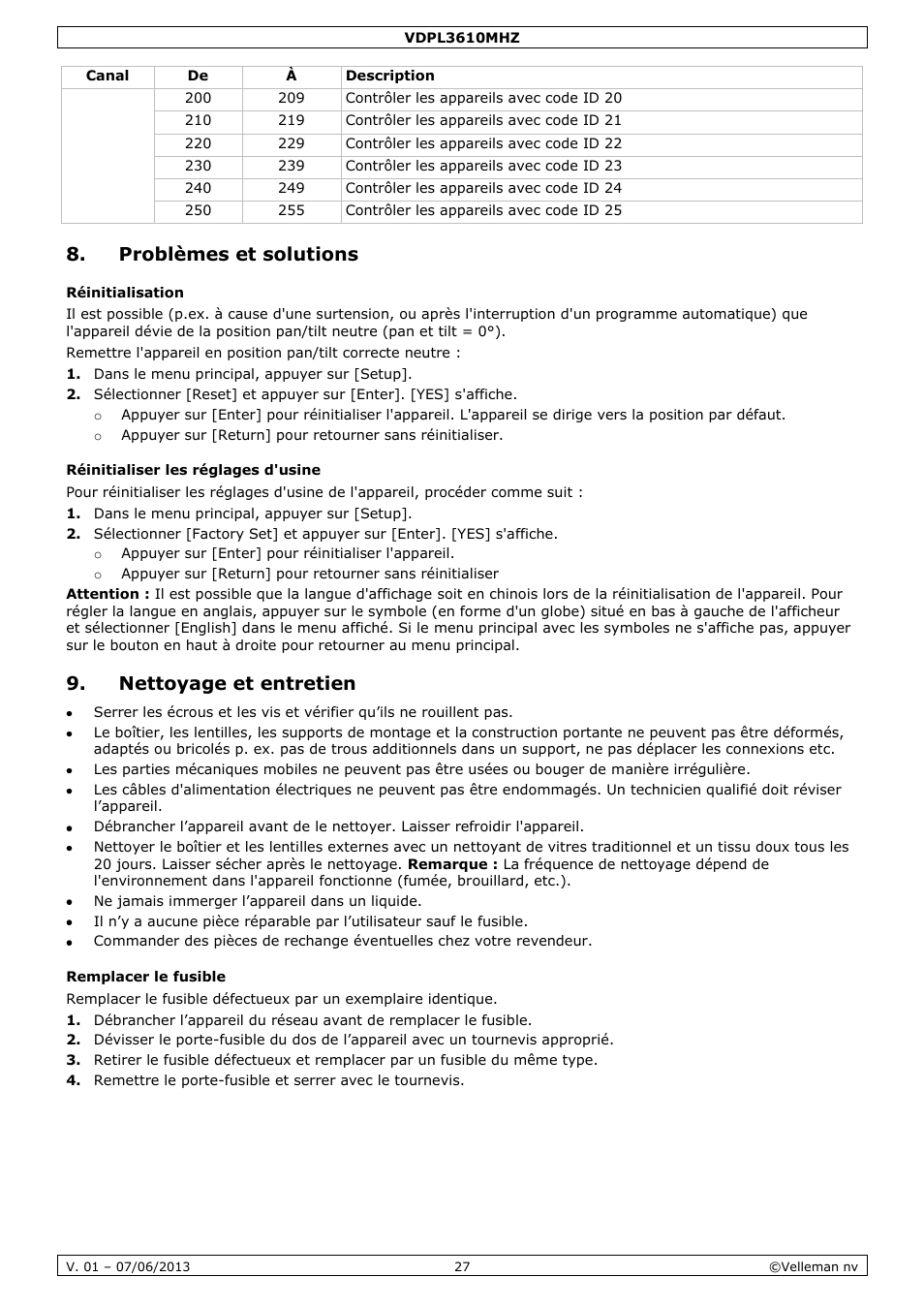 Problèmes et solutions, Réinitialisation, Réinitialiser les réglages d'usine | Nettoyage et entretien, Remplacer le fusible | Velleman VDPL3610MHZ User Manual | Page 27 / 46