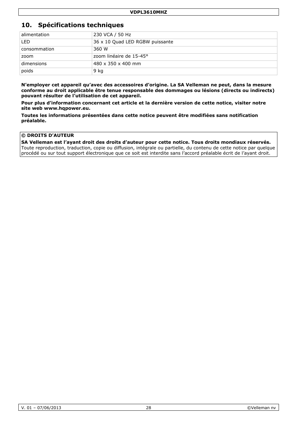 Spécifications techniques | Velleman VDPL3610MHZ User Manual | Page 28 / 46