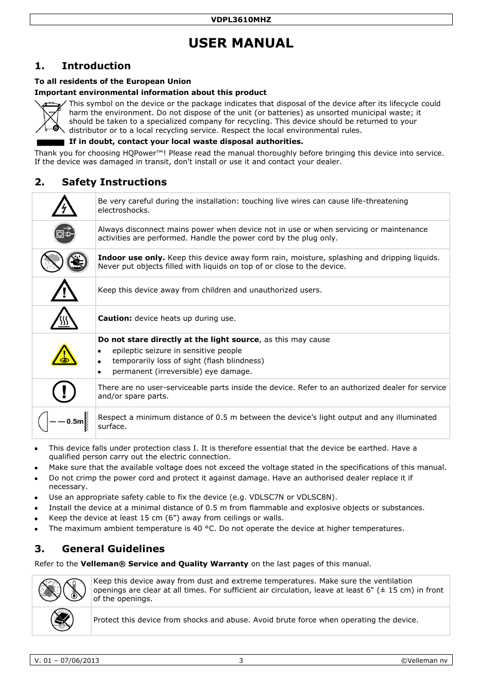 User manual, Introduction, Safety instructions | General guidelines | Velleman VDPL3610MHZ User Manual | Page 3 / 46