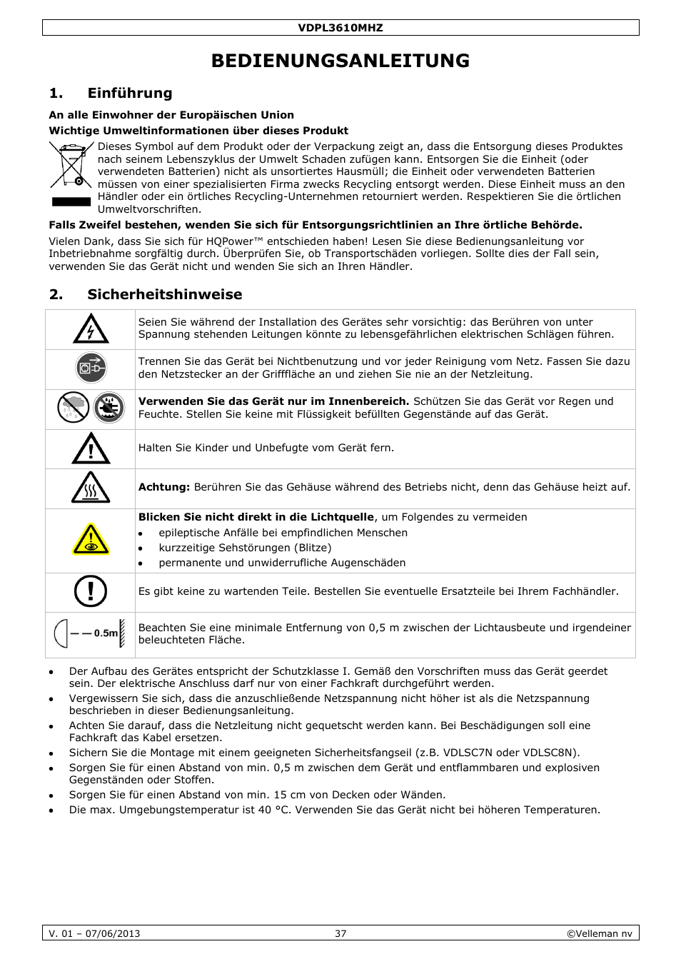 Bedienungsanleitung, Einführung, Sicherheitshinweise | Velleman VDPL3610MHZ User Manual | Page 37 / 46