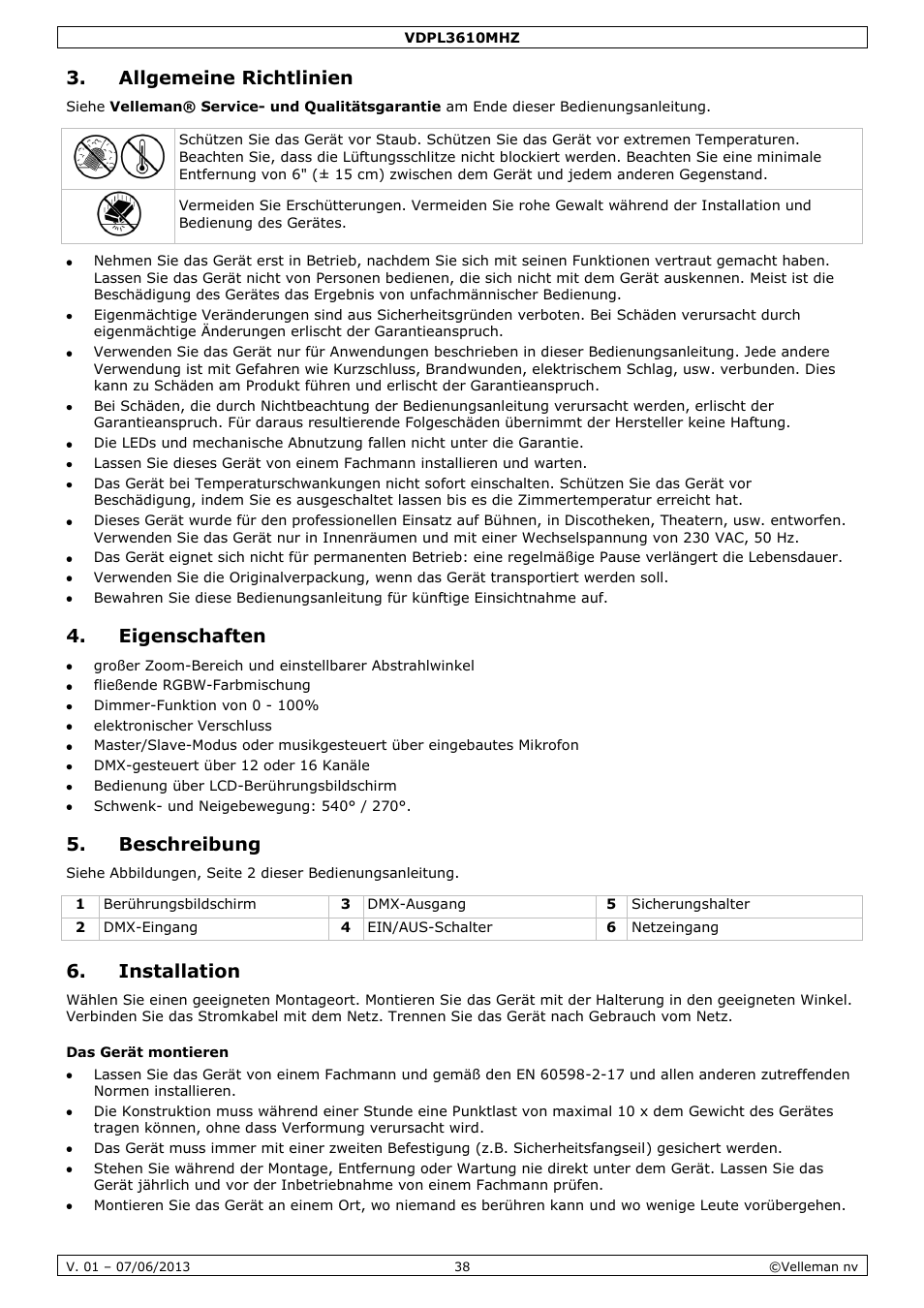 Allgemeine richtlinien, Eigenschaften, Beschreibung | Installation, Das gerät montieren | Velleman VDPL3610MHZ User Manual | Page 38 / 46