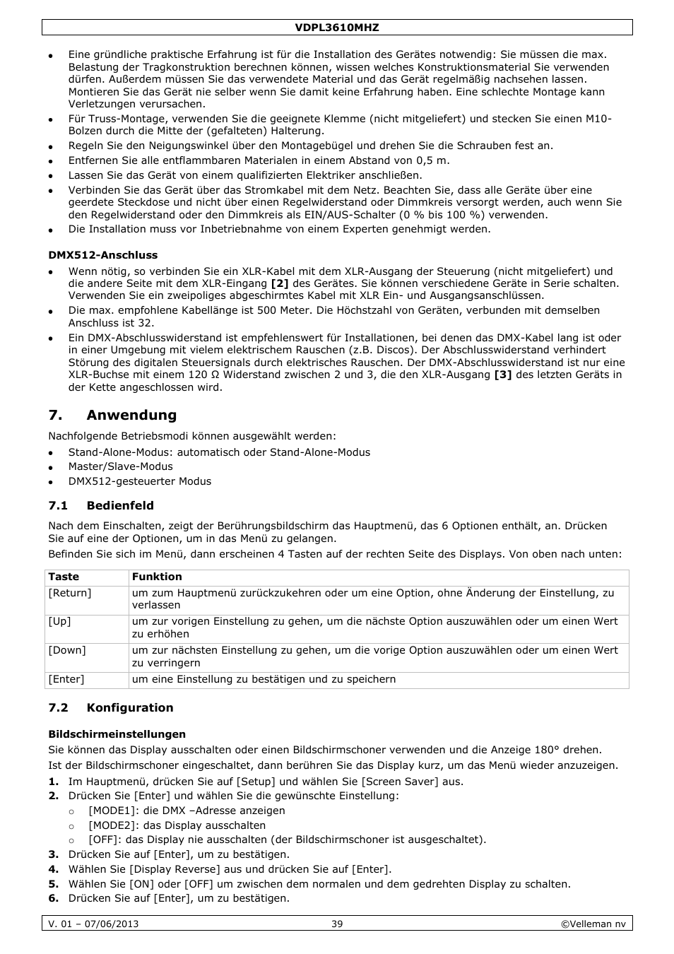 Dmx512-anschluss, Anwendung, 1 bedienfeld | 2 konfiguration, Bildschirmeinstellungen | Velleman VDPL3610MHZ User Manual | Page 39 / 46