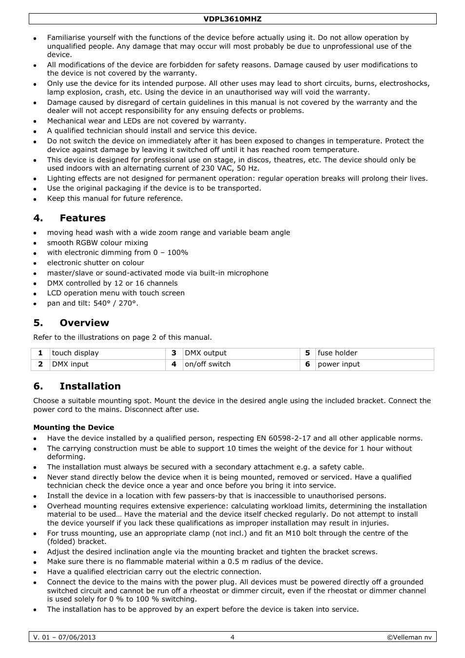 Features, Overview, Installation | Mounting the device | Velleman VDPL3610MHZ User Manual | Page 4 / 46