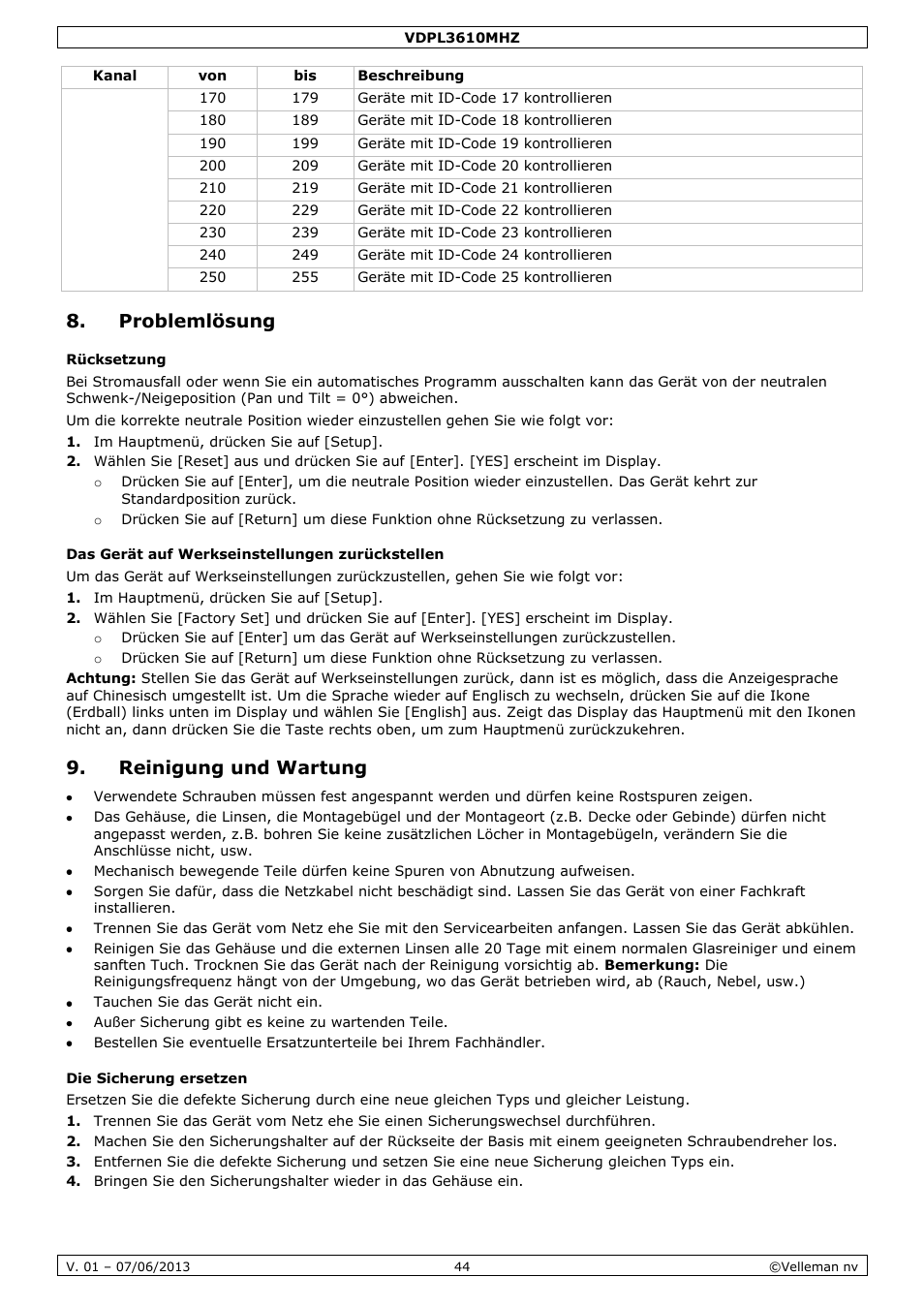 Problemlösung, Rücksetzung, Das gerät auf werkseinstellungen zurückstellen | Reinigung und wartung, Die sicherung ersetzen | Velleman VDPL3610MHZ User Manual | Page 44 / 46
