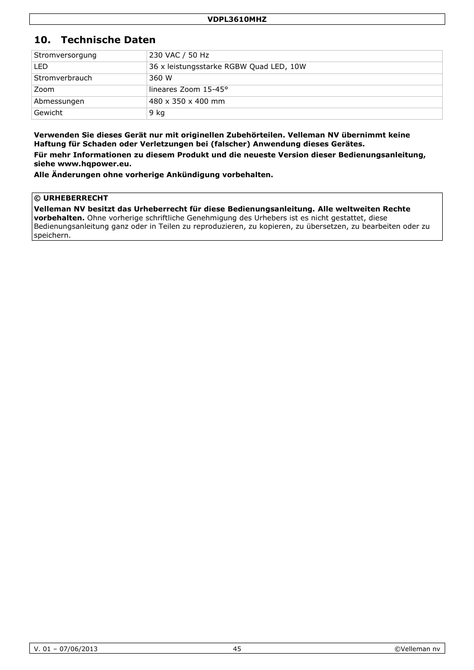 Technische daten | Velleman VDPL3610MHZ User Manual | Page 45 / 46