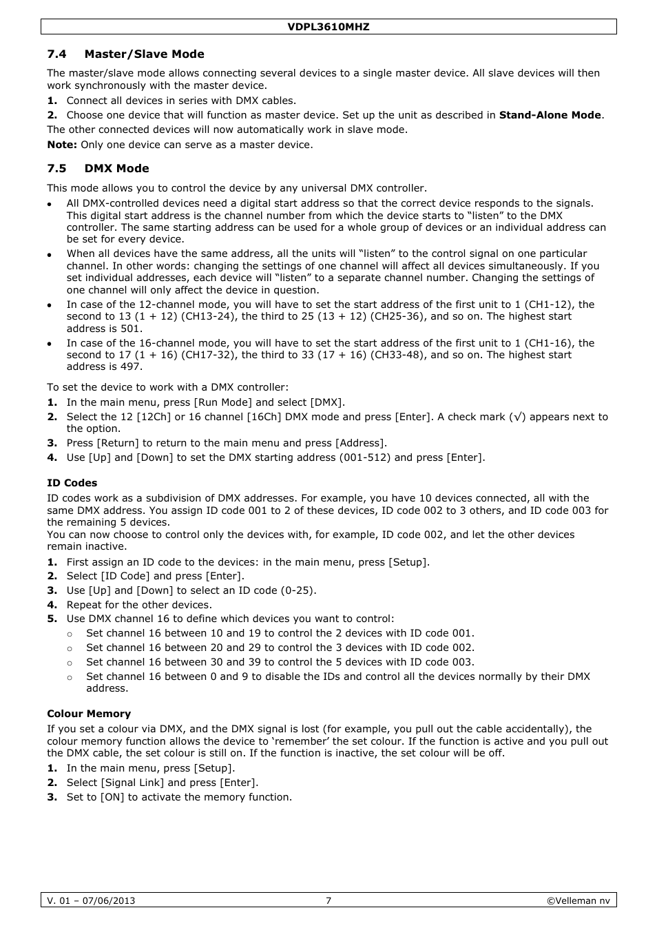 4 master/slave mode, 5 dmx mode, Id codes | Colour memory | Velleman VDPL3610MHZ User Manual | Page 7 / 46