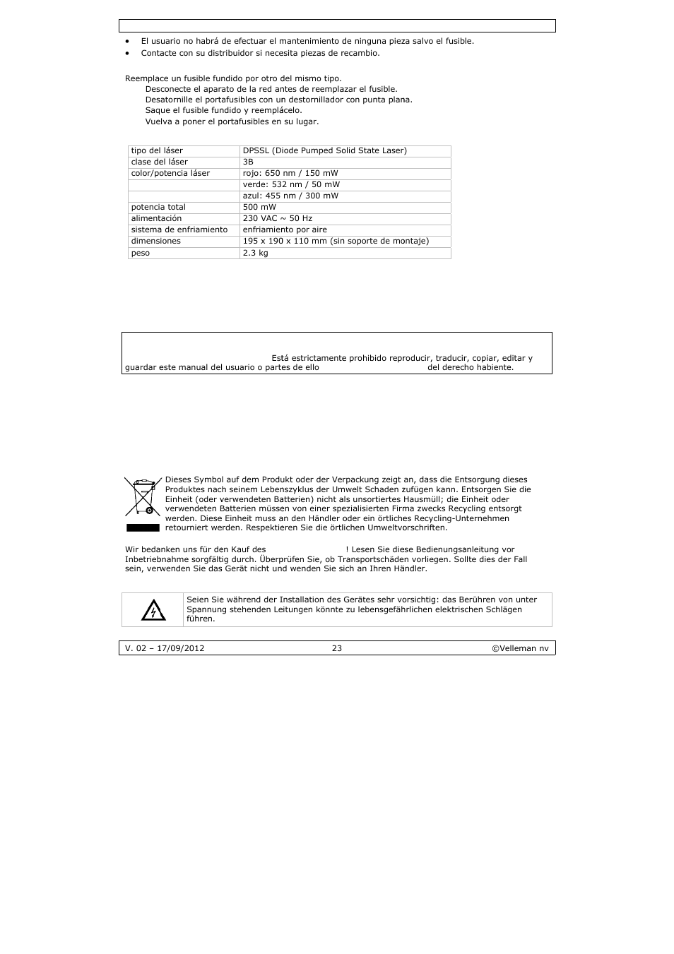 Bedienungsanleitung, Bedie, Enungs | Anleitu | Velleman VDP5001RGBLD5 User Manual | Page 23 / 30