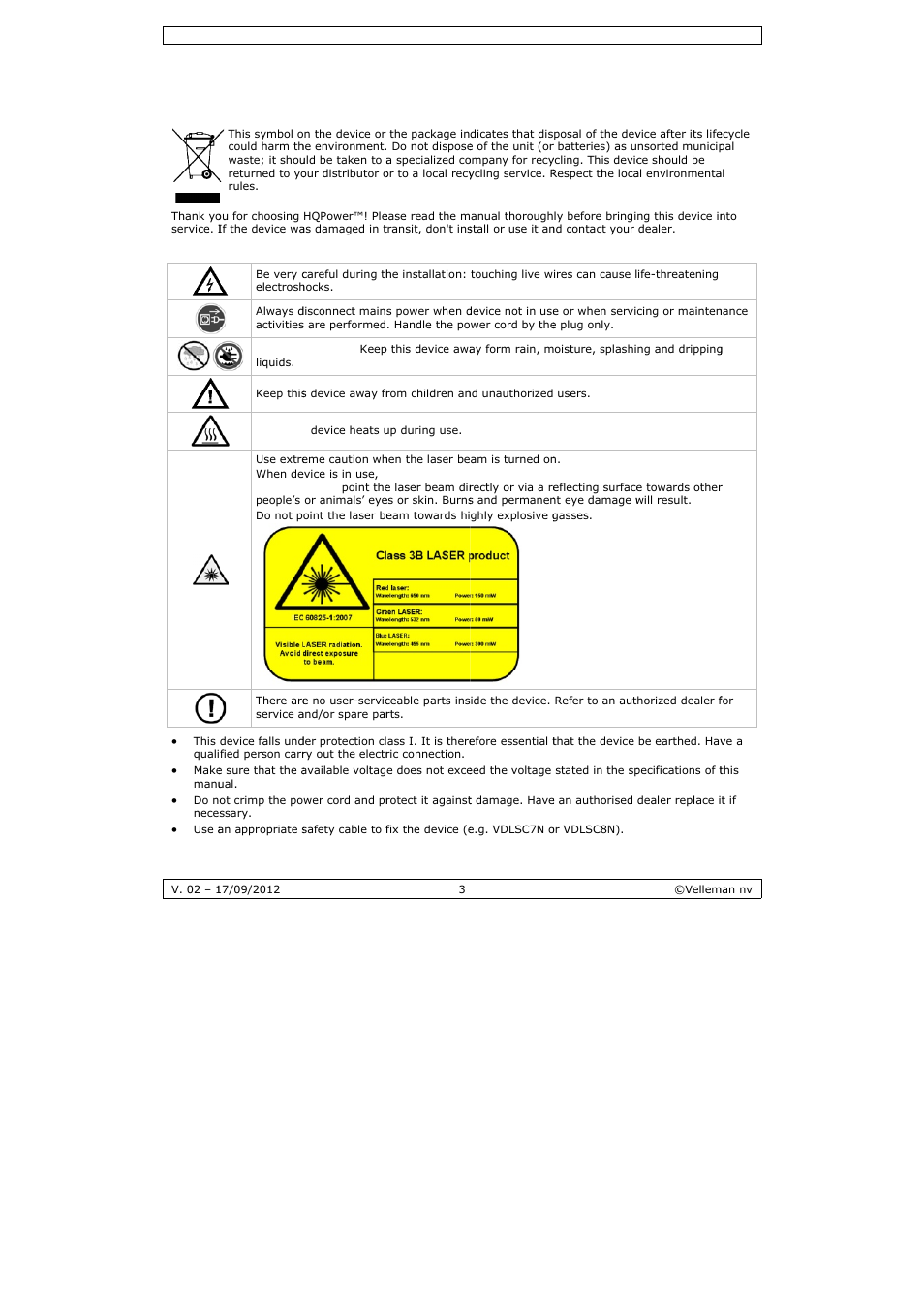 User manual, User ma, Anual | Velleman VDP5001RGBLD5 User Manual | Page 3 / 30