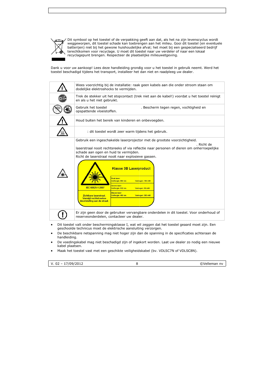 Gebruikershandleiding, Gebru, Uikersha | Andleid, Ding | Velleman VDP5001RGBLD5 User Manual | Page 8 / 30