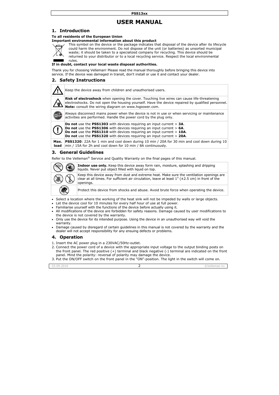 User manual | Velleman PSS1320 User Manual | Page 2 / 11