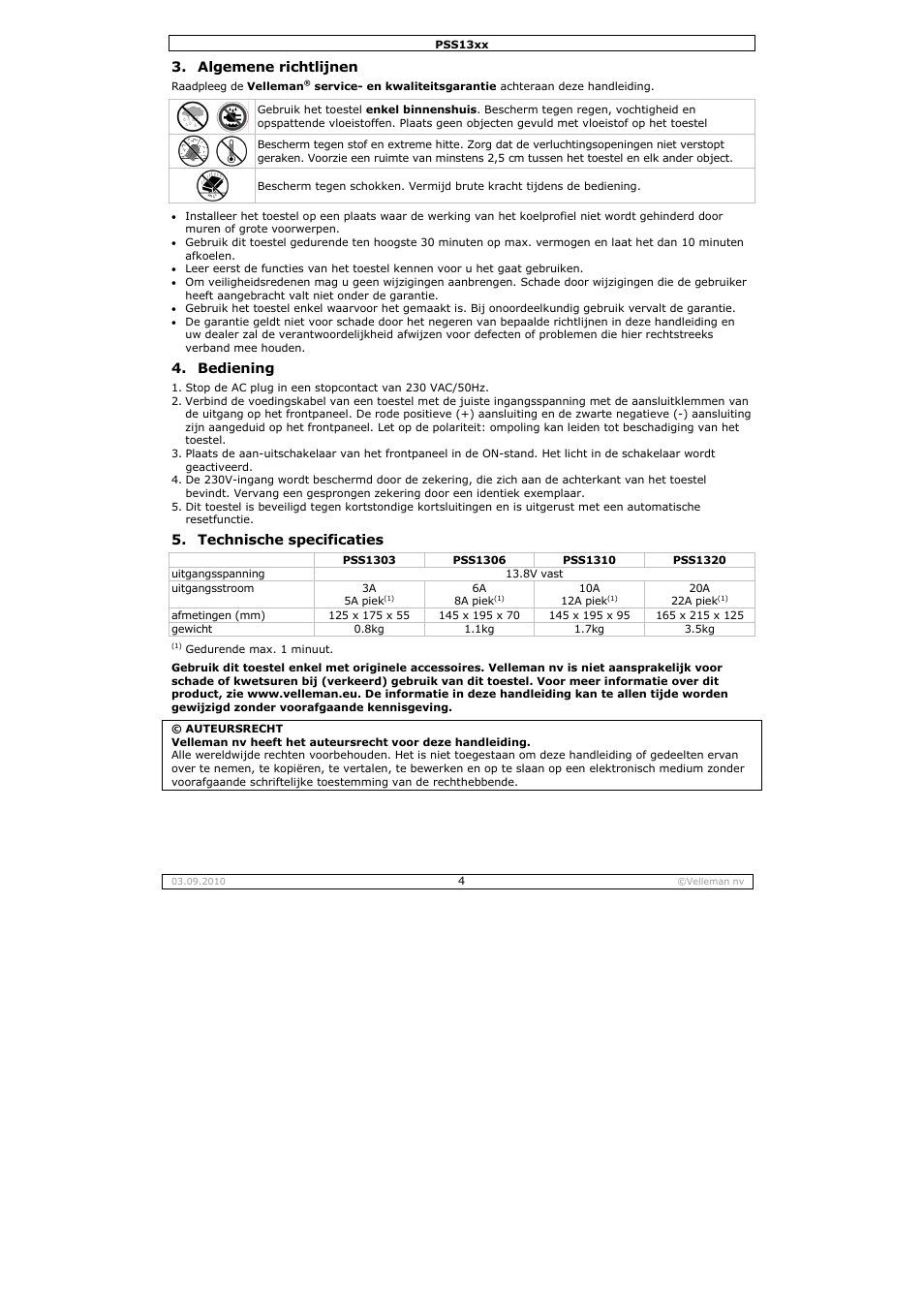 Algemene richtlijnen, Bediening, Technische specificaties | Velleman PSS1320 User Manual | Page 4 / 11