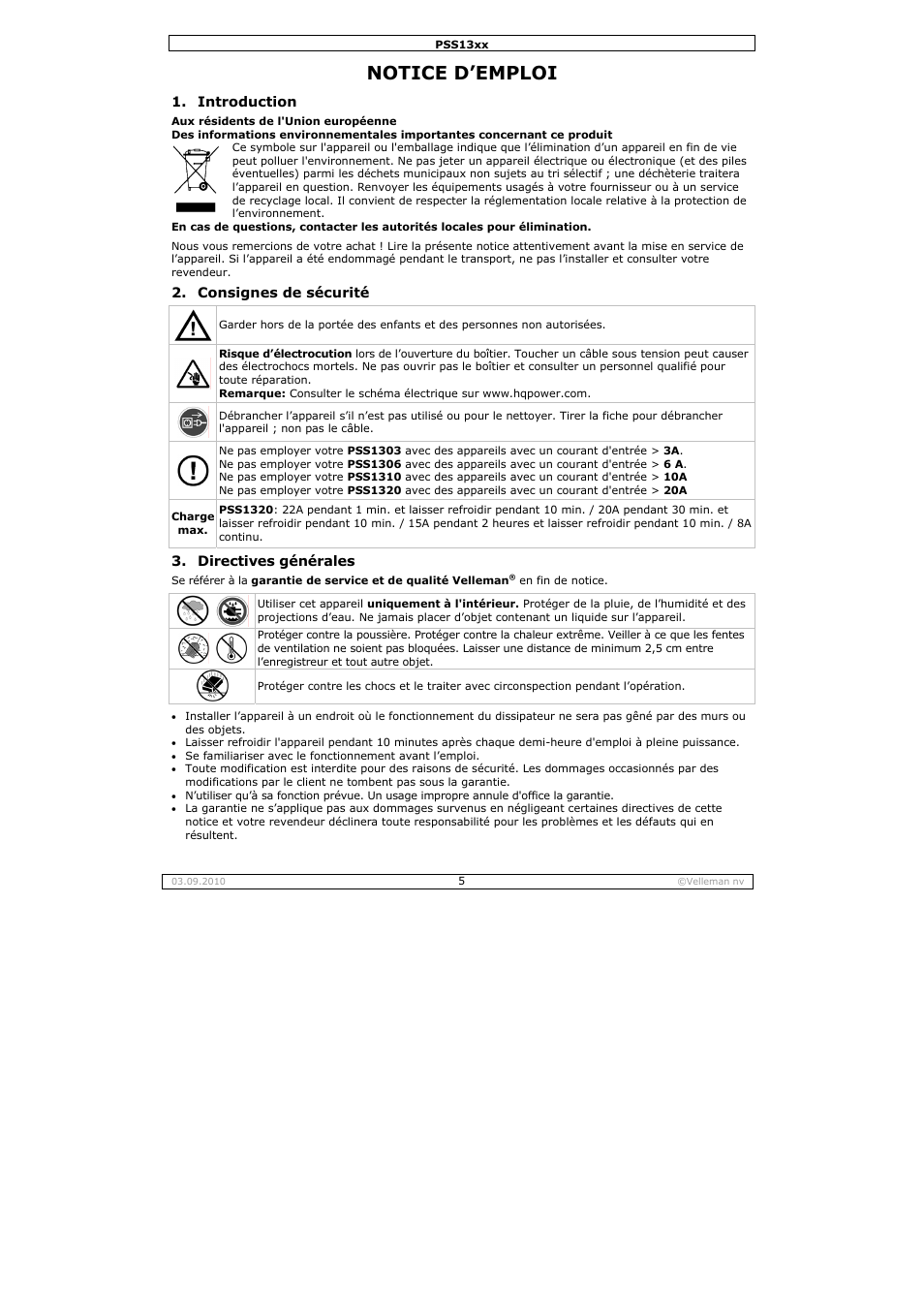 Notice d’emploi | Velleman PSS1320 User Manual | Page 5 / 11