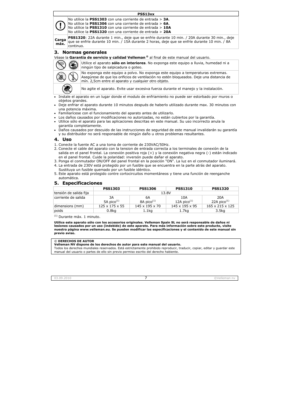 Normas generales, Especificaciones | Velleman PSS1320 User Manual | Page 7 / 11