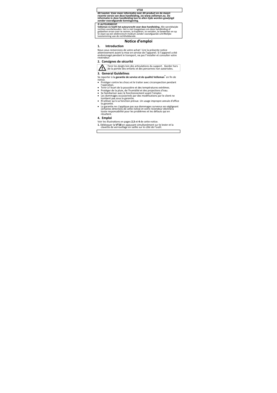Notice d'emploi, Notice d, Emploi | Velleman VT18 User Manual | Page 8 / 17