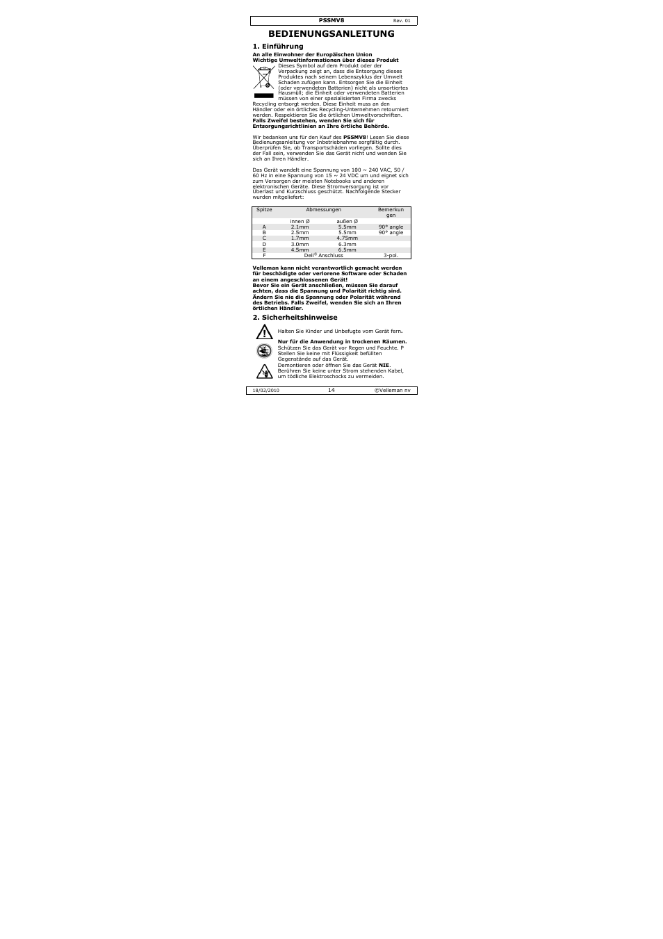 Bedie, Enungsanle, Eitung | Velleman PSSMV8 User Manual | Page 14 / 20