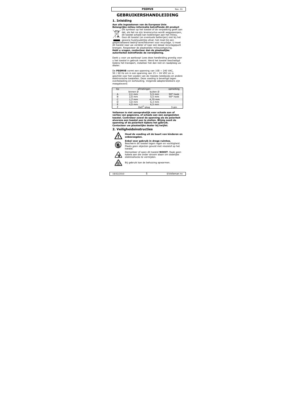 Gebru, Ikershand, Dleiding | Velleman PSSMV8 User Manual | Page 5 / 20
