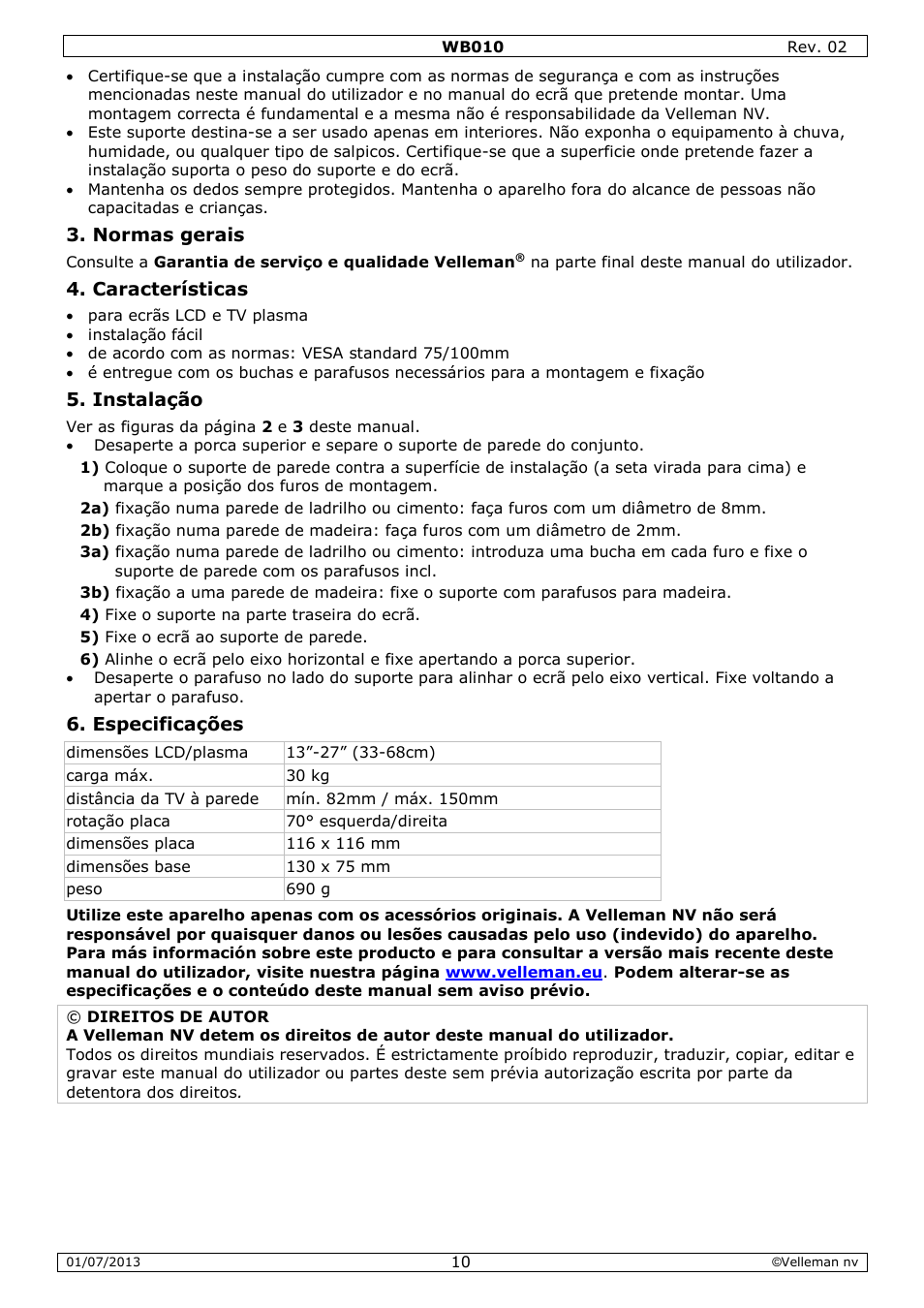 Normas gerais, Características, Instalação | Especificações | Velleman WB010 User Manual | Page 10 / 12
