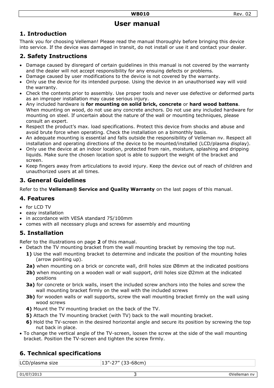 User manual, Introduction, Safety instructions | General guidelines, Features, Installation, Technical specifications | Velleman WB010 User Manual | Page 3 / 12