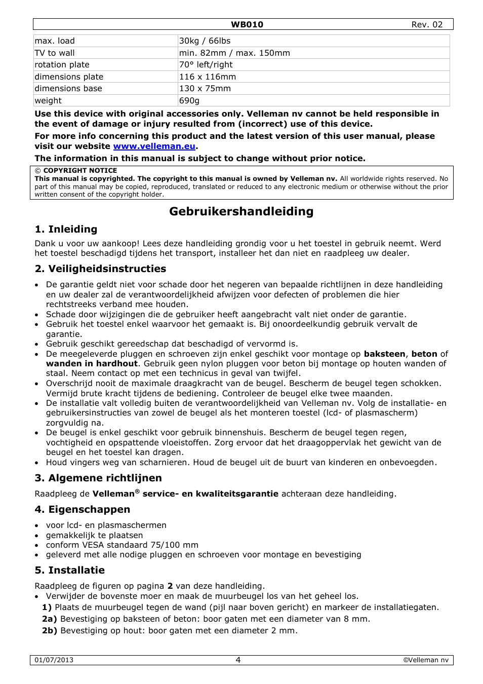 Gebruikershandleiding, Inleiding, Veiligheidsinstructies | Algemene richtlijnen, Eigenschappen, Installatie | Velleman WB010 User Manual | Page 4 / 12