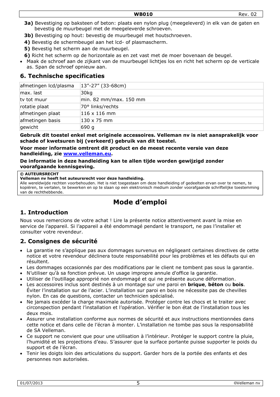 Technische specificaties, Mode d’emploi, Introduction | Consignes de sécurité | Velleman WB010 User Manual | Page 5 / 12
