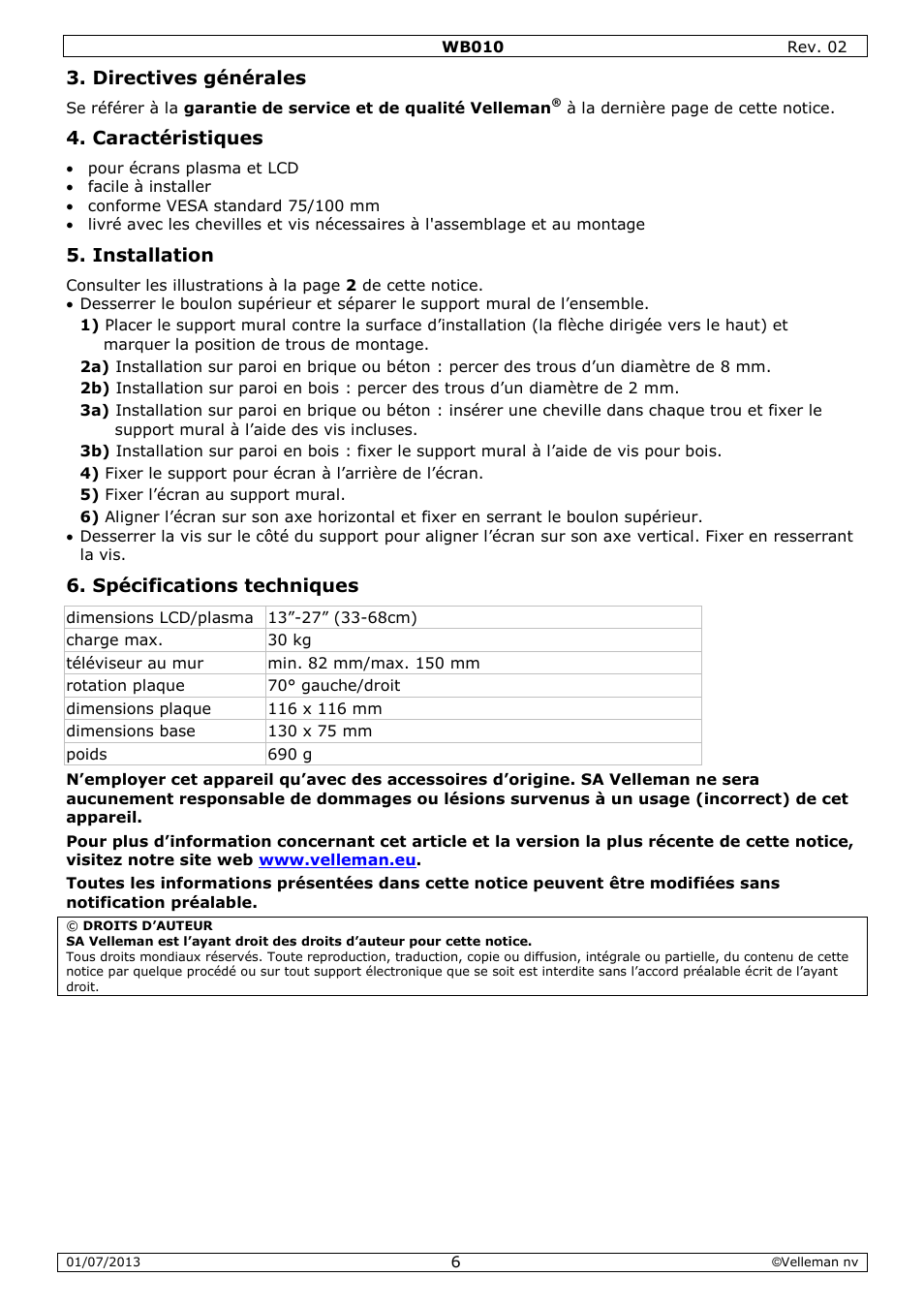 Directives générales, Caractéristiques, Installation | Spécifications techniques | Velleman WB010 User Manual | Page 6 / 12