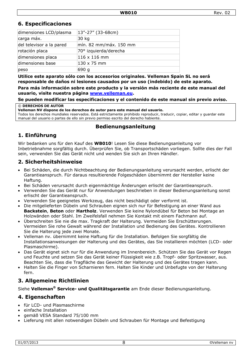 Especificaciones, Bedienungsanleitung, Einführung | Sicherheitshinweise, Allgemeine richtlinien, Eigenschaften, Bedienungsanleitung 1. einführung | Velleman WB010 User Manual | Page 8 / 12