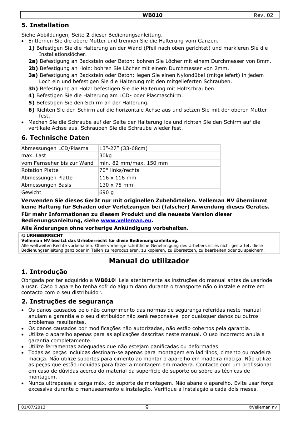 Installation, Technische daten, Manual do utilizador | Introdução, Instruções de segurança | Velleman WB010 User Manual | Page 9 / 12