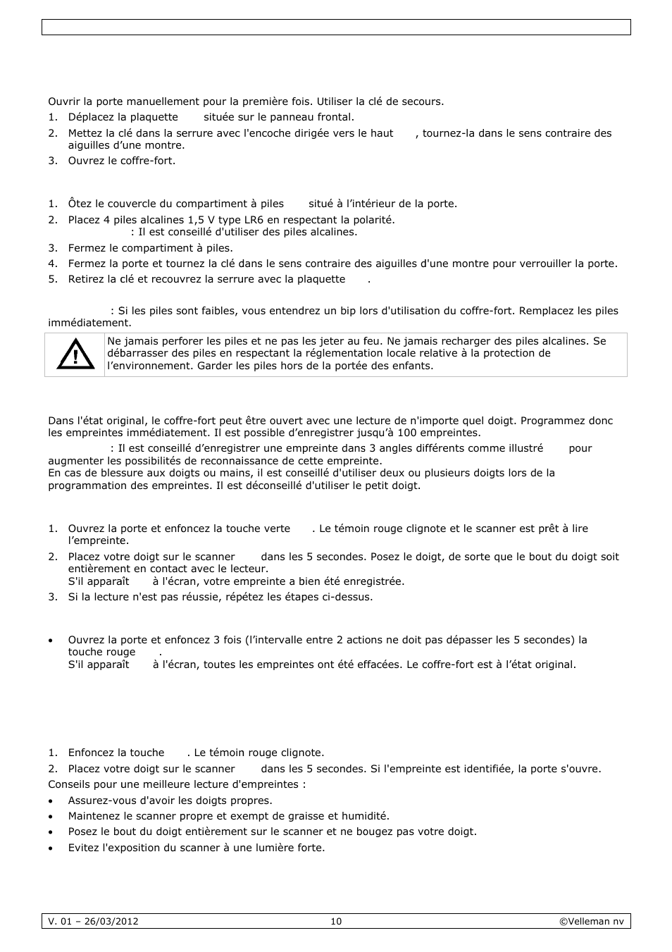 Prépara, Lecture, Emploi | Ation du, E et effac, Coffre-f, Cement d, Fort, De l’emp, Preinte | Velleman SSE038F2 User Manual | Page 10 / 22