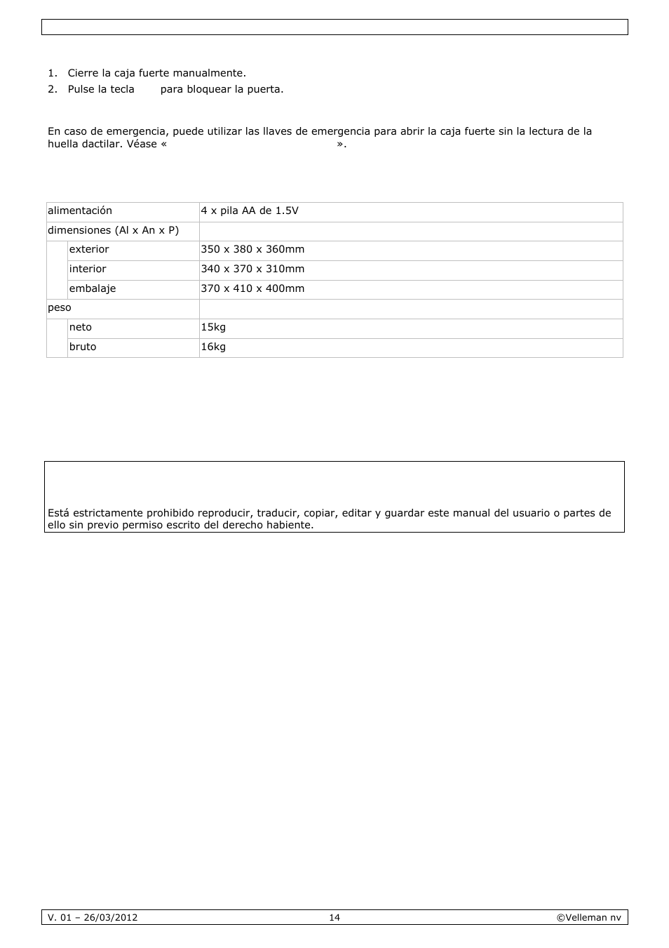 Especificaciones | Velleman SSE038F2 User Manual | Page 14 / 22