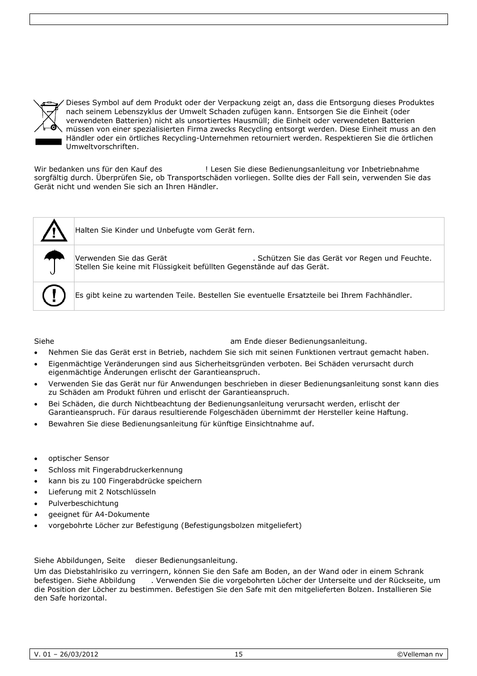 Bedienungsanleitung, Dienun, Ngsan | Nleitu, Einführ, Sicherh, Allgem, Eigensc, Den sa, Rung | Velleman SSE038F2 User Manual | Page 15 / 22