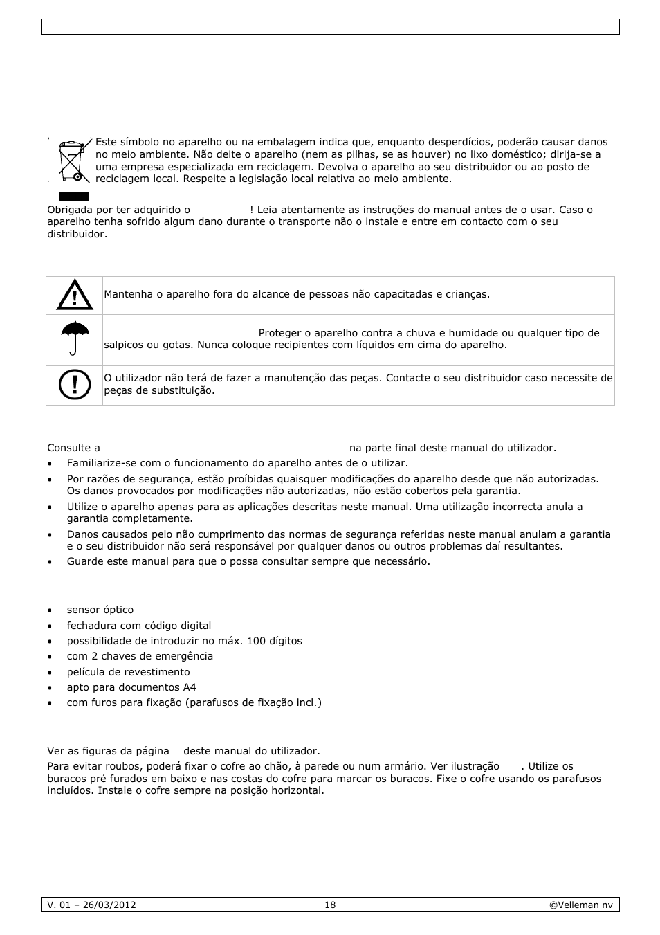 Manual do utilizador, Manual, L do ut | Ilizado, Introdu, Normas, Caracte, Instala, Ução, S de seg | Velleman SSE038F2 User Manual | Page 18 / 22