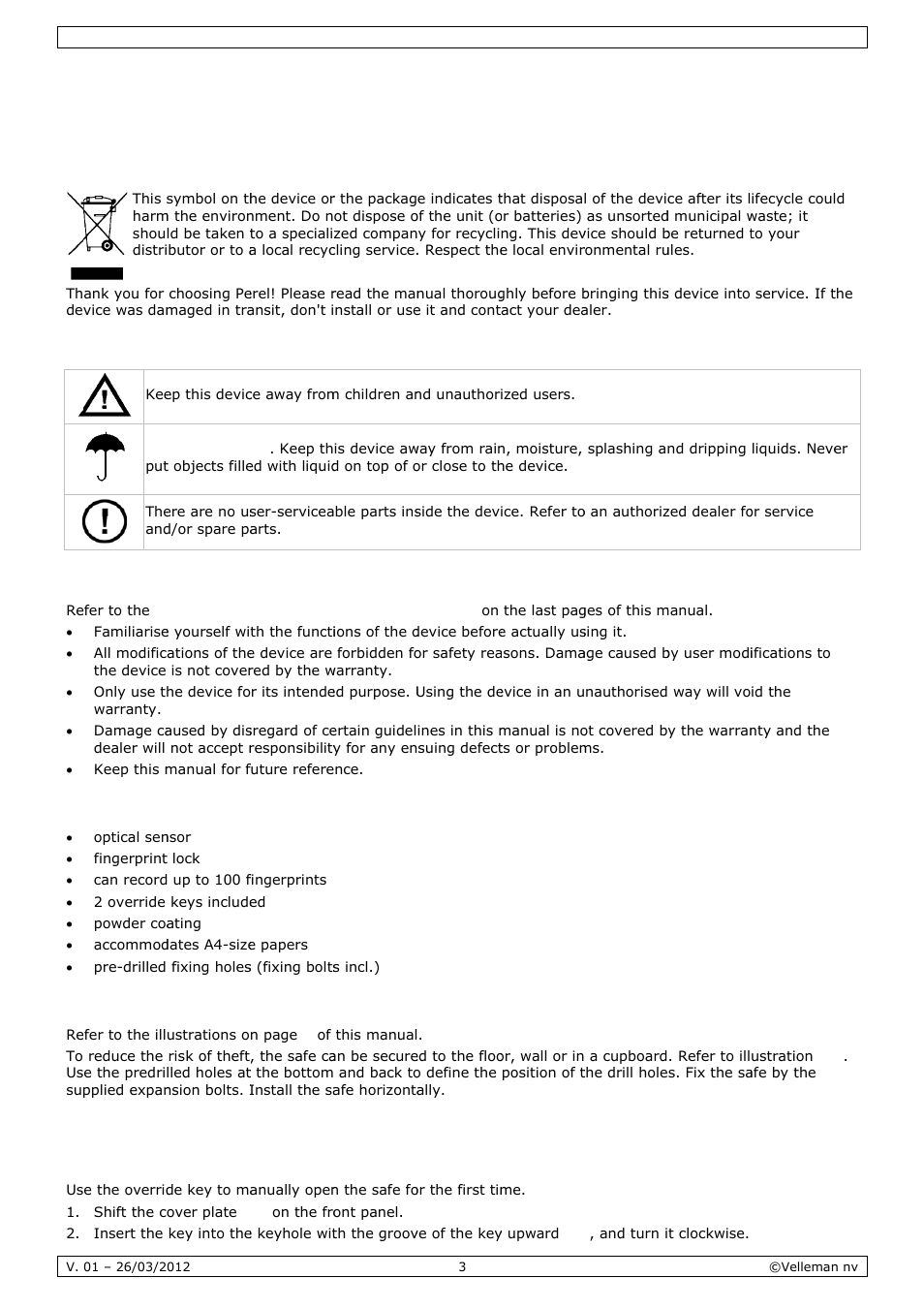 User manual, Er man, Nual | Introdu, Safety, Genera, Feature, Installa, Prepari, Uction | Velleman SSE038F2 User Manual | Page 3 / 22