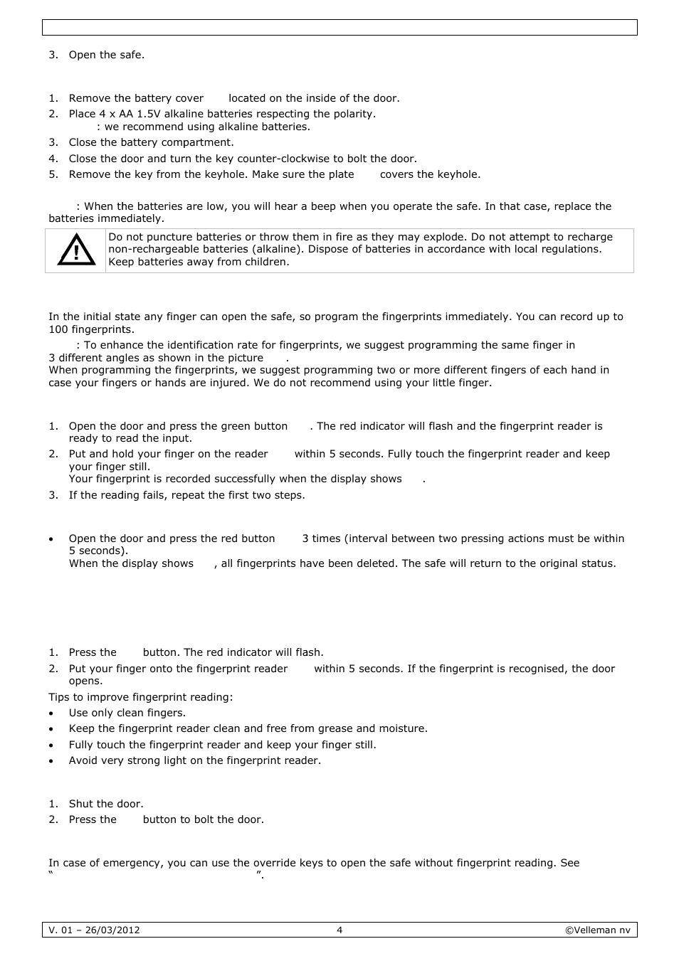 Program, Mming a, And dele | Ting the, Fingerp, Print rec | Velleman SSE038F2 User Manual | Page 4 / 22