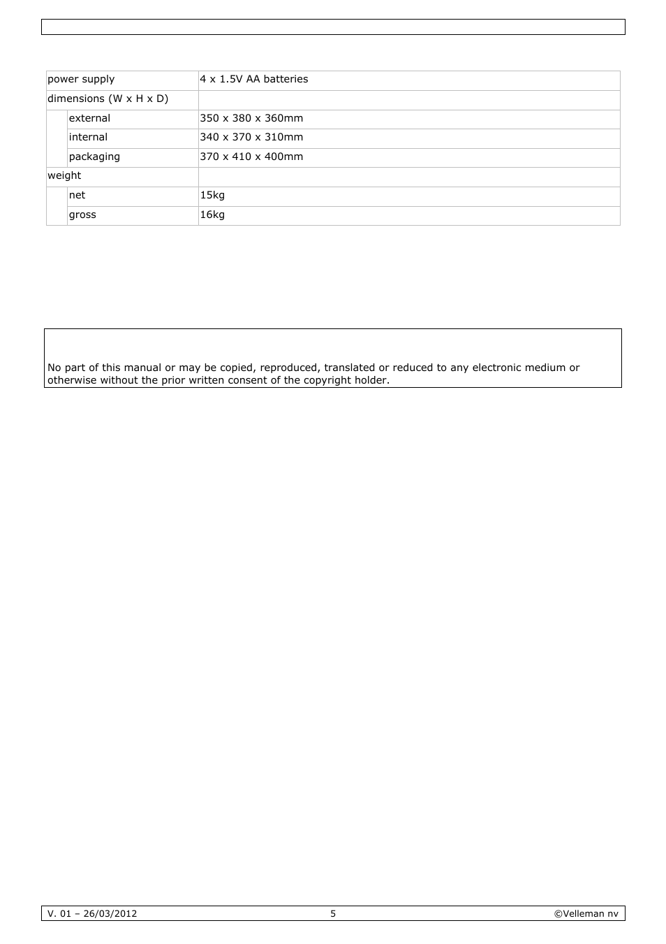 Technical specifications | Velleman SSE038F2 User Manual | Page 5 / 22