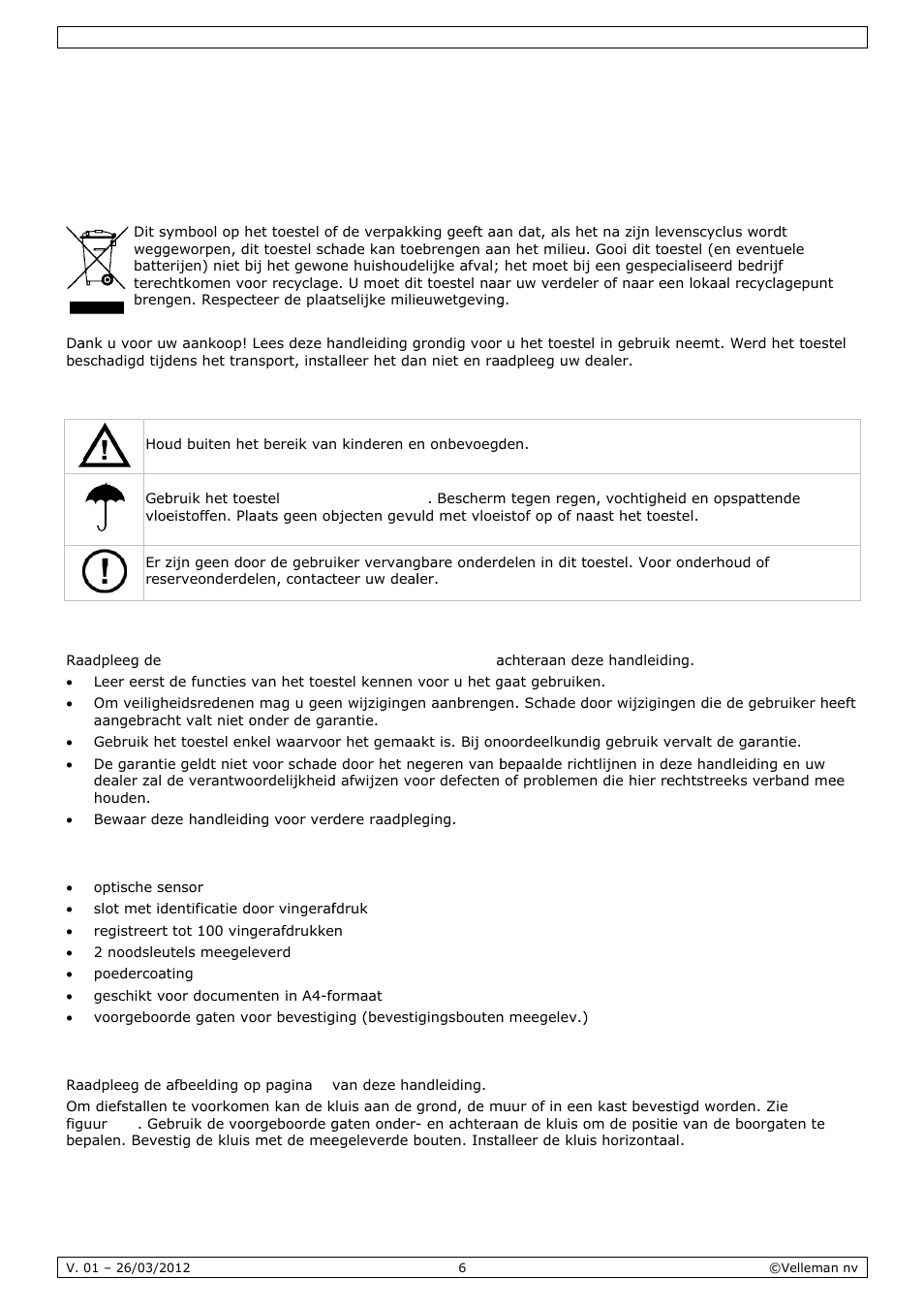 Gebruikershandleiding, Ebruike, Ershan | Ndleidi, Inleidin, Veilighe, Algeme, Eigensc, De klui, Eidsvoor | Velleman SSE038F2 User Manual | Page 6 / 22