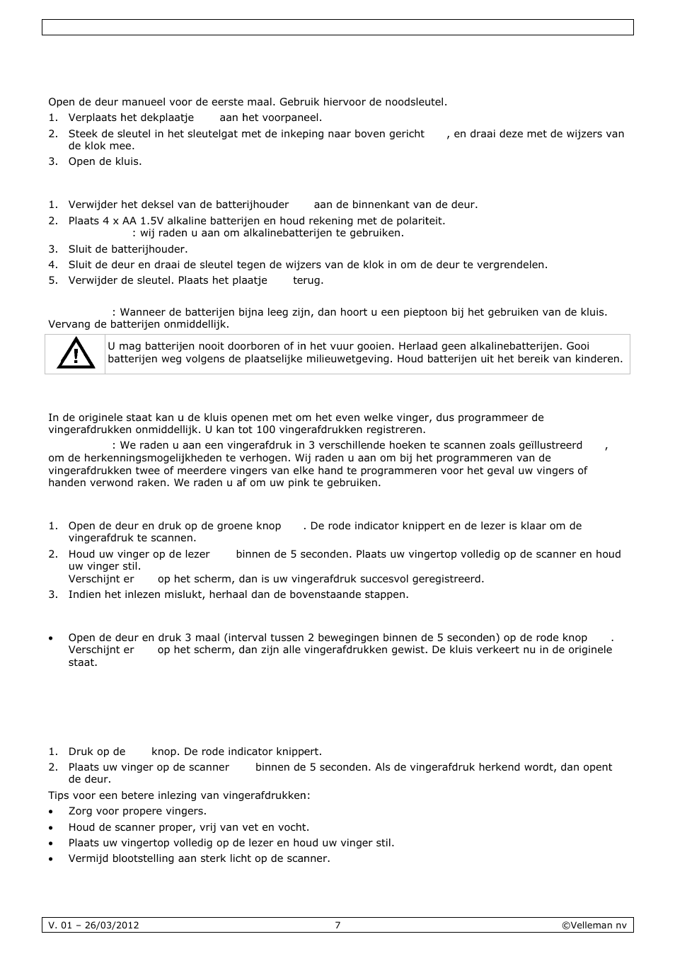 De klui, De ving, Gebruik | S voorbe, Gerafdru, Ereiden, Kken sca, Annen en, N wissen | Velleman SSE038F2 User Manual | Page 7 / 22