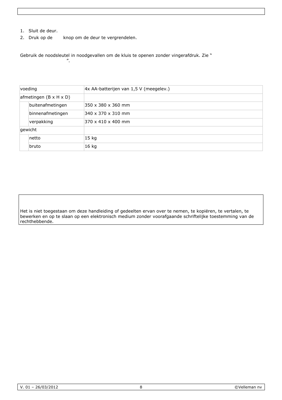 Technische specificaties | Velleman SSE038F2 User Manual | Page 8 / 22