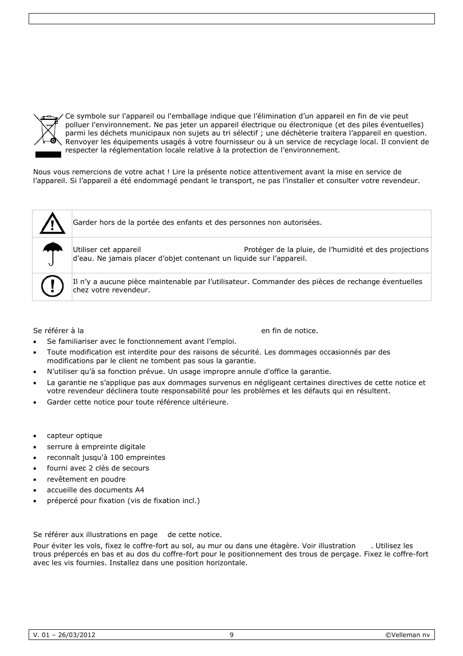 Notice d'emploi, Notic, Ce d’em | Mploi, Introdu, Consign, Directiv, Caracté, Installa, Uction | Velleman SSE038F2 User Manual | Page 9 / 22