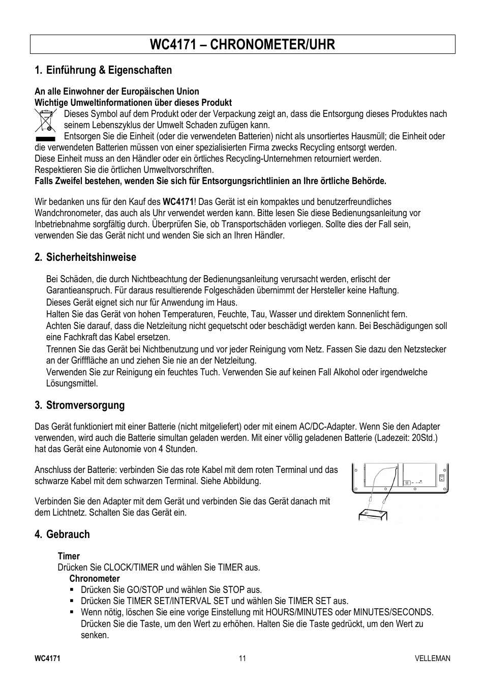 Wc4171 – chronometer/uhr, Einführung & eigenschaften, Sicherheitshinweise | Stromversorgung, Gebrauch | Velleman WC4171 User Manual | Page 11 / 16