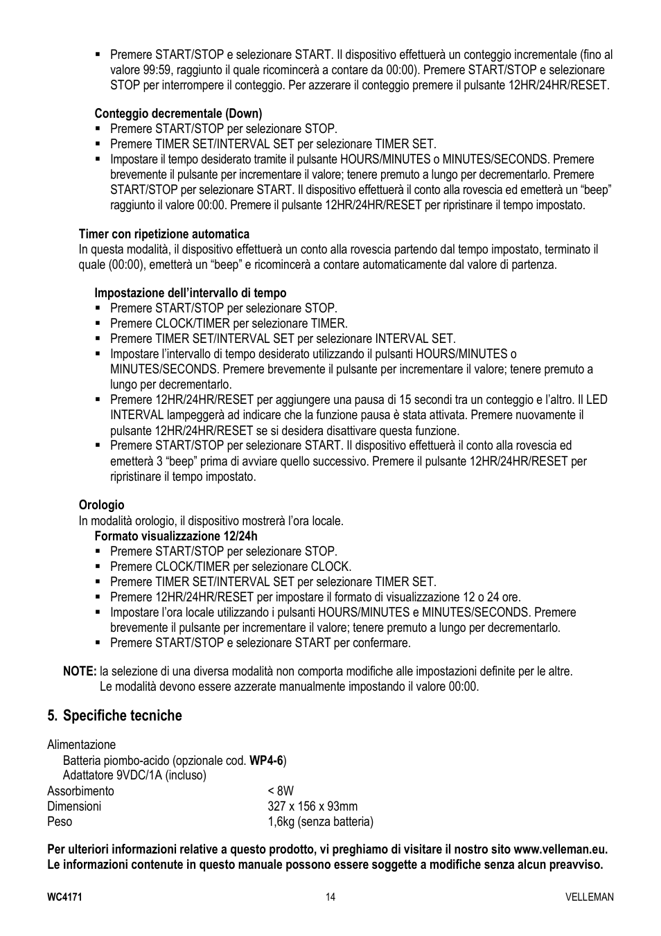 Specifiche tecniche | Velleman WC4171 User Manual | Page 14 / 16