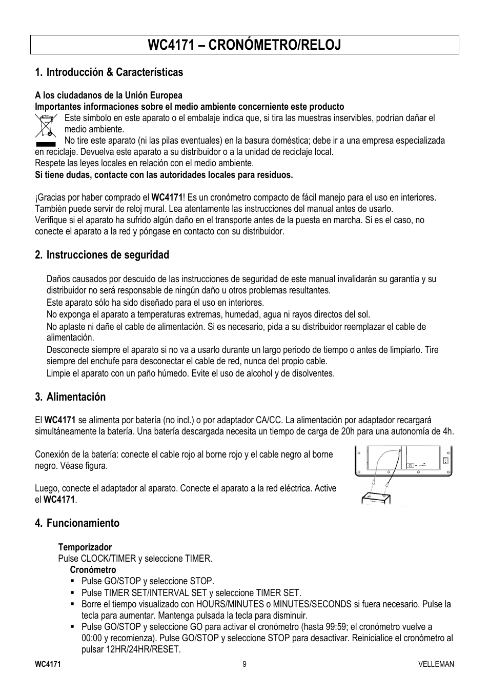 Wc4171 – cronómetro/reloj | Velleman WC4171 User Manual | Page 9 / 16