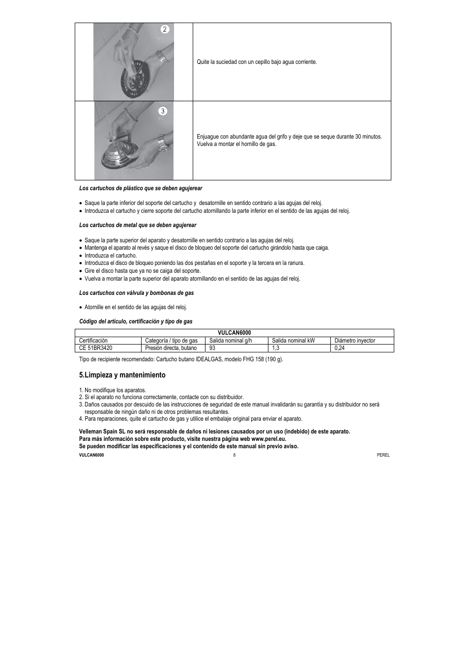 Limpieza y mantenimiento | Velleman VULCAN6000 User Manual | Page 10 / 12