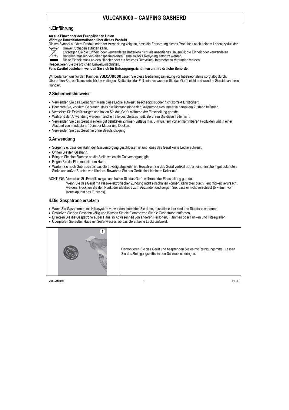 Vulcan6000 – camping gasherd, Einführung, Sicherheitshinweise | Anwendung, Die gaspatrone ersetzen | Velleman VULCAN6000 User Manual | Page 11 / 12