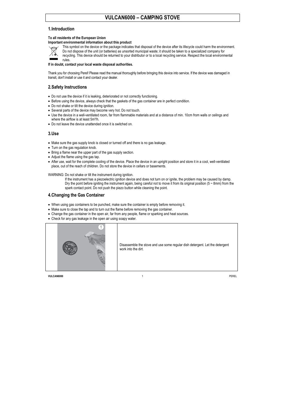 Vulcan6000 – camping stove, Introduction, Safety instructions | Changing the gas container | Velleman VULCAN6000 User Manual | Page 3 / 12