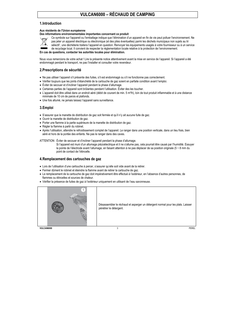 Vulcan6000 – réchaud de camping, Introduction, Prescriptions de sécurité | Emploi, Remplacement des cartouches de gaz | Velleman VULCAN6000 User Manual | Page 5 / 12